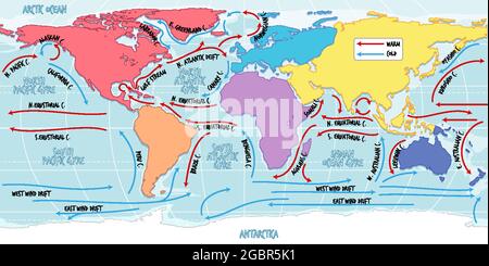 Die aktuelle Weltkarte des Ozeans mit Namensdarstellung Stock Vektor