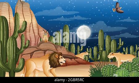 Tiere leben in Wüstenwaldlandschaft bei Nacht Szene Illustration Stock Vektor