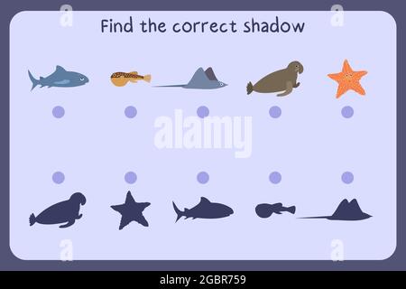 Passende Kinder Lernspiel mit Meerestieren - Hai, Kugelfisch, Stringrays, Seeelefant, Stern. Finden Sie den richtigen Schatten. Vektorgrafik. Stock Vektor
