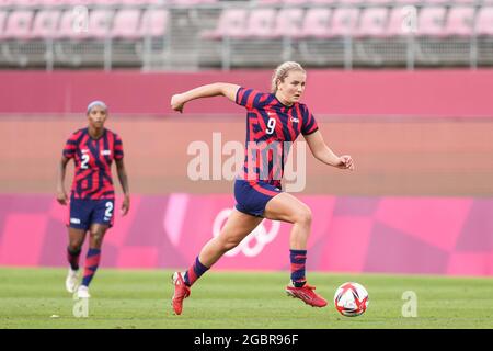 Kashima, Japan. August 2021. Lindsey Horan (9 USA) tritt beim Olympischen Fußballturnier der Frauen in Tokio 2020 zwischen Australien und den Vereinigten Staaten im Ibaraki Kashima Stadium, Kashima, Japan, an. Kredit: SPP Sport Pressefoto. /Alamy Live News Stockfoto