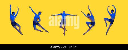 Tanz der Gefühle. Erstaunliche Leistung eines flexiblen männlichen Balletttänzers, der isoliert auf gelbem Hintergrund trainiert. Konzept von Kunst, Schönheit, Aspiration Stockfoto