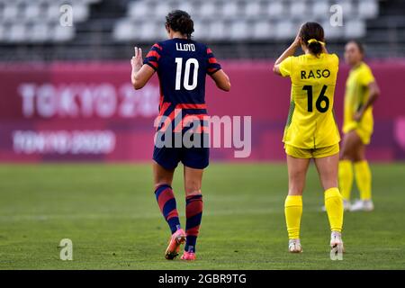 KASHIMA, JAPAN – AUGUST 5: Carli Lloyd aus den Vereinigten Staaten feiert, nachdem sie ihr drittes Tor während des Tokyo 2020 Olympic Womens Football Tournament Bronze Medal match zwischen Australien und den Vereinigten Staaten im Ibaraki Kashima Stadium am 5. August 2021 in Kashima, Japan erzielt hat (Foto von Pablo Morano/Orange Picics) Kredit: Orange Pics BV/Alamy Live News Stockfoto