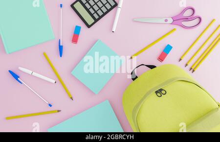 Chaotisch Schulbedarf auf einem pastellrosa Hintergrund mit einem gelben Rucksack. Konzept der Bildung und zurück zur Schule. 3d-Rendering Stockfoto