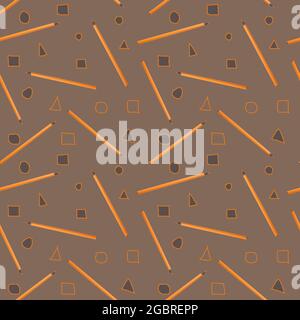 Nahtloses Muster mit orangefarbenen Bleistiften und lustigen geometrischen Figuren Kreis, Dreieck und Quadrat auf grauem Hintergrund. Stockfoto