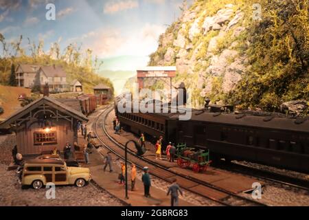 Vintage Bahnhof Szene Miniatur-Modelle auf dem Display im Rail Road Museum PA USA Stockfoto