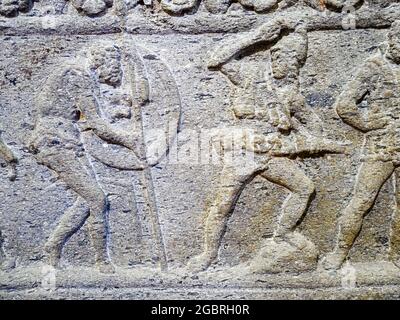 Altes etruskisches Sarkophag Flachrelief - Archäologisches Nationalmuseum Tarquinia, Italien Stockfoto