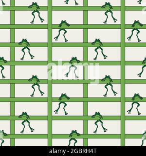 Nahtloses Vektormuster mit Fröschen, die auf Quadraten hängen. Einfache Tier-Tapete-Design auf hellem Hintergrund. Stock Vektor