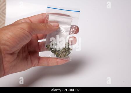 Ein Paket mit illegalem Cannabis in der Hand. Medizinisches Marihuana zur verschreibungspflichtigen Behandlung. Drogenhändler verkauft Marihuana-Süchtige. Stockfoto