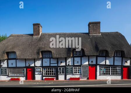 England, Hampshire, New Forest, Ringwood, strohgedeckte Fachwerkgebäude aus dem 14. Jahrhundert, jetzt das Old Cottage Restaurant Stockfoto