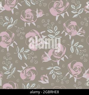 Nahtloses Vektor-Muster mit Rosen auf grauem Hintergrund. Florales romantisches Vintage-Tapetendesign. Stock Vektor