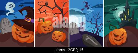 Set von Halloween-Plakaten im Cartoon-Stil. Verschiedene Plakatdesigns. Stock Vektor