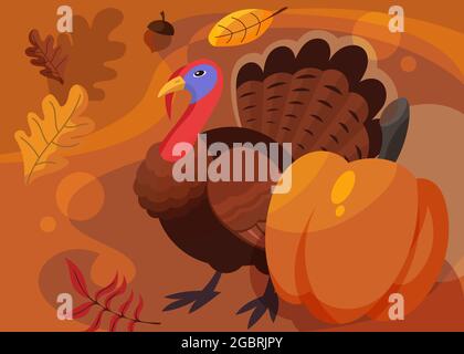 Banner mit truthahn und Kürbis. Thanksgiving-Tag-Postkarte im Cartoon-Stil. Stock Vektor