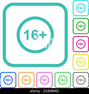 Erlaubt über 16 Jahre nur lebendige farbige flache Symbole in geschwungenen Rändern auf weißem Hintergrund Stock Vektor