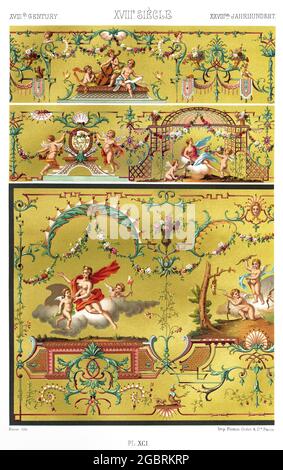 18. Jahrhundert - Dekorative Malerei - Dekorationsfragmente eines Cembalos im Cluny Museum. - Durch Den Ornament 1880. Stockfoto