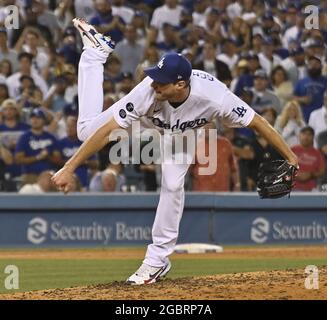 Los Angeles, Usa. August 2021. Los Angeles Dodgers Startpitcher Max Scherzer liefert während des 7. Innings gegen die Houston Astros im Dodger Stadium in Los Angeles am Mittwoch, den 4. August 2021. Foto von Jim Ruymen/UPI Credit: UPI/Alamy Live News Stockfoto