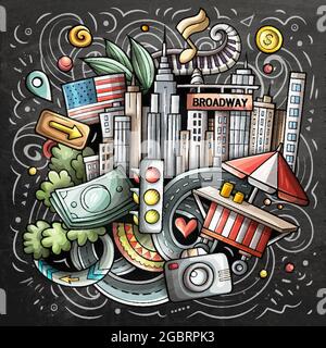 New York Cartoon Vektor Doodle Kreidetafel Illustration Stock Vektor