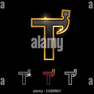 Ein Vektor-Illustrationssatz aus goldenem Monogramm Hammer Buchstabe T Stock Vektor