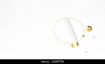 Weiße Kosmetikröhrchen mit goldener Kappe auf weißem Hintergrund mit goldenen geometrischen Formen. Schöne kosmetische und Make-up geometrische Podium Hintergrund. Bl Stockfoto