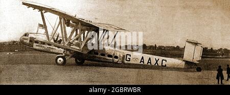 Ein Bild aus den 1930er Jahren eines Linienflugzeugs von Imperial Airlines (Strecke London-Schweiz). Imperial Airways war eine frühe britische kommerzielle Langstreckenfluggesellschaft, die hauptsächlich die Strecken des British Empire nach Südafrika, Indien, dem Fernen Osten, Australien, Malaya und Hongkong ansteuerte. Die unfallanfällige Fluggesellschaft operierte von 1924 bis 1939 und trug auch Luftpostsendungen. In den ersten sechs Betriebsjahren starben bei sieben Zwischenfällen 1939 Menschen. 32 fusionierte das Unternehmen mit der British Overseas Airways Corporation (BOAC). Stockfoto