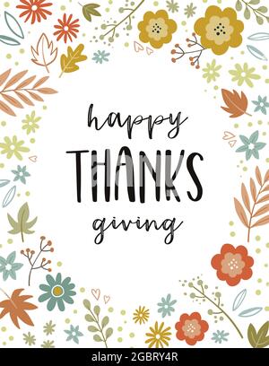 Schöne handgezeichnete Thanksgiving-Design mit Blumen und Herbstblättern, niedlichen Doodle Hintergrund, ideal für Einladungen, Abdeckungen, Banner, Karten -Vektor de Stock Vektor