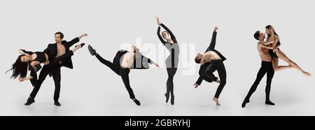 Collage aus Porträts männlicher und weiblicher Balletttänzer, die isoliert auf weißem Hintergrund tanzen. Konzept von Kunst, Theater, Schönheit und Kreativität Stockfoto