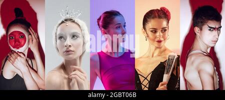 Collage aus Nahaufnahmen von weiblichen und männlichen Schauspielern in Bühnenbildern mit hellem Make-up isoliert auf mehrfarbigem Hintergrund in Neonlicht. Stockfoto