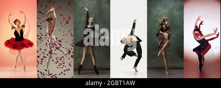 Collage aus Porträts männlicher und weiblicher Balletttänzer, die isoliert auf dunklem Vintage-Hintergrund tanzen. Konzept von Kunst, Theater, Schönheit und Kreativität Stockfoto