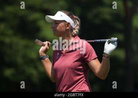 Saitama, Japan. August 2021. Emily Kristine Pedersen aus Dänemark reagiert während der zweiten Runde des Einzelschlags der Frauen bei den Olympischen Spielen 2020 in Tokio in Saitama, Japan, 5. August 2021. Quelle: Zheng Huansong/Xinhua/Alamy Live News Stockfoto