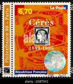 FRANKREICH - UM 1999: Eine in Frankreich gedruckte Briefmarke, die den 1. Französischen Briefmarken gewidmet ist, 150. Jahrestag, Ceres, um 1999 Stockfoto