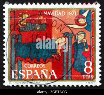 SPANIEN - UM 1971: Eine in Spanien gedruckte Briefmarke zeigt den Sagas-Altar, Geburt, um 1971 Stockfoto