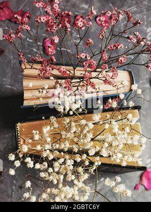 Bücher und Blumen Stockfoto