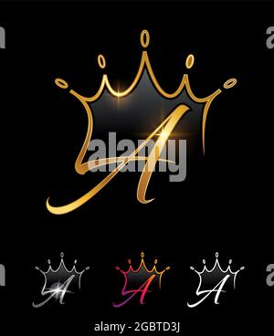 Ein Vecetor-Illustrationsset aus Golden Monogram Crown Initial Letter A auf schwarzem Hintergrund mit goldenem Glanz-Effekt für Luxuslogo und -Zeichen Stock Vektor