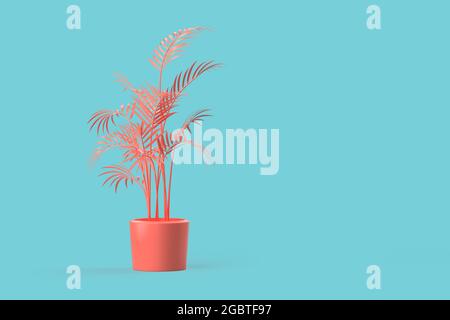 Abstrakte Topfpflanze in rosa Vase auf blauem Hintergrund. 3D-Illustration Stockfoto