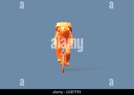 Vorderansicht von Astronaut auf einem Fahrrad. Minimalistisches Konzept. 3D-Illustration Stockfoto