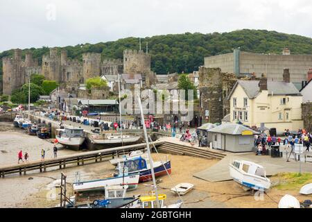 Conwy Hafen in Nordwales voller Touristen mit dem Schloss im Hintergrund Stockfoto