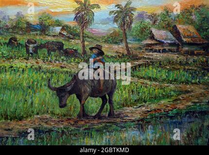 Kunst Malerei Ölfarbe Hut nordöstlich Thailand Landschaft Stockfoto