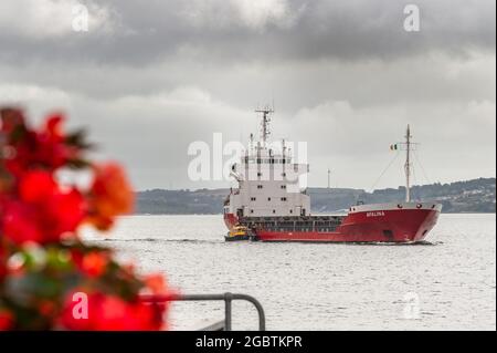 Cobh, County Cork, Irland. August 2021. Met Éireann hat eine gelbe Wetterwarnung für Starkregen und Gewitter herausgegeben, die zu örtlich begrenzten Überschwemmungen und gefährlichen Fahrbedingungen führen wird. Die Warnung ist bis zum 22.00. September heute Abend in Kraft. Der Cork Pilot begibt sich auf das Stückgutschiff „afalina“, um seine dwn auf dem Fluss zu pilotieren. Quelle: AG News/Alamy Live News Stockfoto