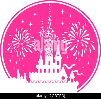 Silhouette von Prinzessin Schloss im Kreis. Fantasy rosa Palast auf dem Hintergrund von Feuerwerk und Sternen. Märchenhafter Königlicher Mittelalterlicher Paradies-Palast. Carto Stock Vektor