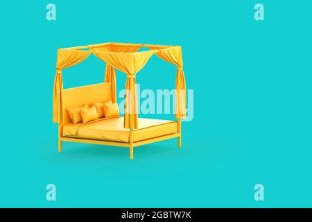 Minimalistisches, gelbes Bett mit Baldachin auf blauem Hintergrund. 3D-Rendering Stockfoto