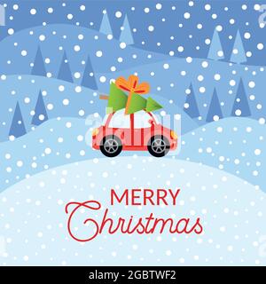Winterkarte mit einem kleinen roten Oldtimer, der einen Weihnachtsbaum auf der Oberseite trägt. Verschneite Landschaft mit Tannen und Häusern. Stock Vektor