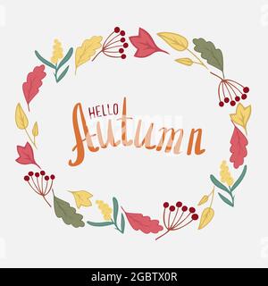 Handgeschriebener Schriftzug Herbst im Kreis aus Herbstblättern und Beeren. Muster für Karten, Einladungen, Textil in Vektor. Stock Vektor