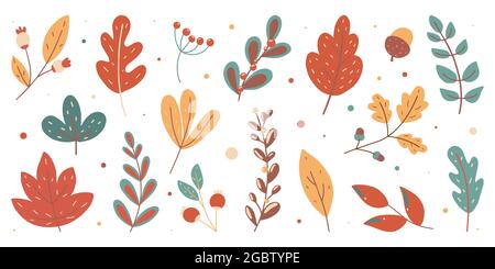 Farbenfrohes Herbstset. Sammlung von handgezeichneten gefallenen Blättern saisonalen Vektor-Illustration Stock Vektor