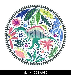 Spinosaurus Smaragd, prähistorische Dinosaurier-Kollektion. Uralte Tiere. Von Hand gezeichnet. In einem Rahmen aus Blumen und Blättern. Stock Vektor