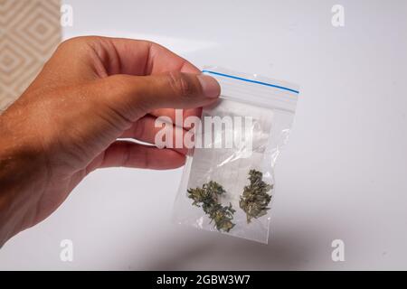 Ein Paket mit illegalem Cannabis in der Hand. Medizinisches Marihuana zur verschreibungspflichtigen Behandlung. Drogenhändler verkauft Marihuana-Süchtige. Stockfoto