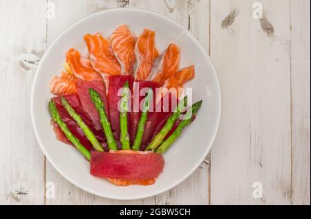 Japanischer Sashimi mit Thunfisch und Lachs auf einem weißen Teller Stockfoto