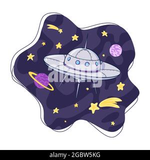 Cartoon-Illustration zu Raumfahrzeugen und Sternen. Raumschiff im Universum. UFO Illustration für Logo, Print, Kinderzimmer Dekor, Web Design, Banner, Flyer, Aufkleber, Karte Stock Vektor