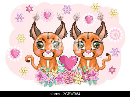 Baby Dusche Grußkarte mit niedlichen Jungen und Mädchen. Caracal Steppenluchs mit schönen Augen im Cartoon-Stil, bunte Illustration für Kinder. Caraca Stock Vektor