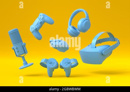 Fliegende Gamer monochrome blaue Zahnräder wie Maus, Tastatur, Joystick, Headset, VR-Headset, Mikrofon auf gelbem Tischhintergrund. 3d-Rendering von Accesso Stockfoto