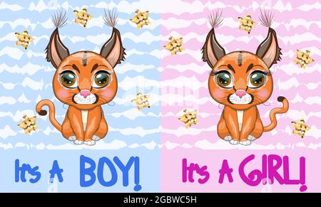 Baby Dusche Grußkarte mit niedlichen Jungen und Mädchen. Caracal Steppenluchs mit schönen Augen im Cartoon-Stil, bunte Illustration für Kinder. Caraca Stock Vektor