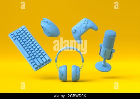 Fliegende Gamer monochrome blaue Zahnräder wie Maus, Tastatur, Joystick, Headset, VR-Headset, Mikrofon auf gelbem Tischhintergrund. 3d-Rendering von Accesso Stockfoto